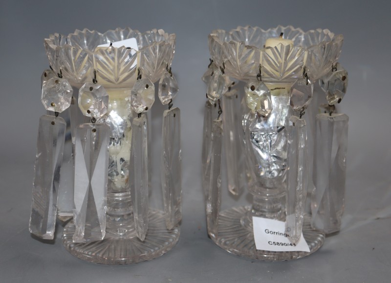 A pair of late Victorian glass lustre hung candlesticks, height 16cm